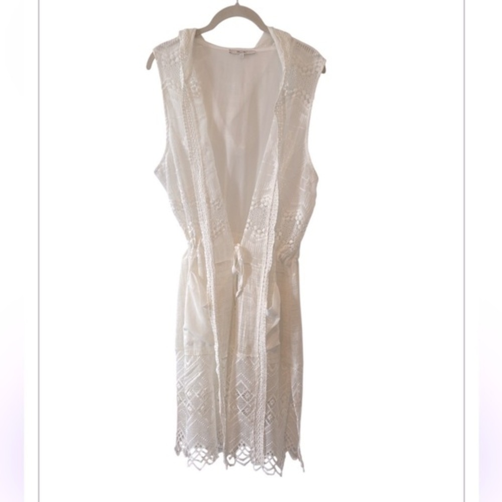 NWT Miss Me White Crochet Lace SIvless Hooded Open Duster Top w/Pockets S